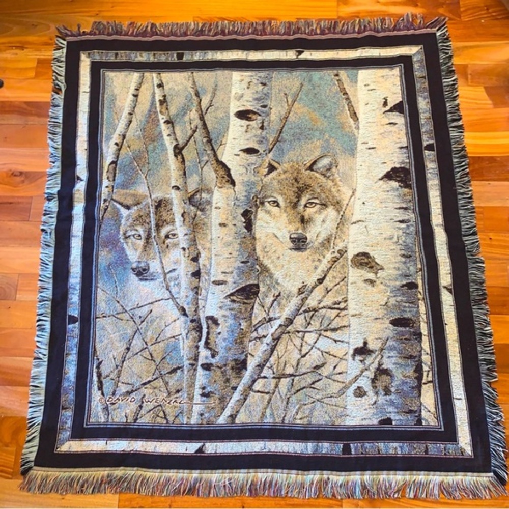 Vintage Large Wolf Fleeting Glimpse Mohawk Home Blanket Afghan Throw Tapestry